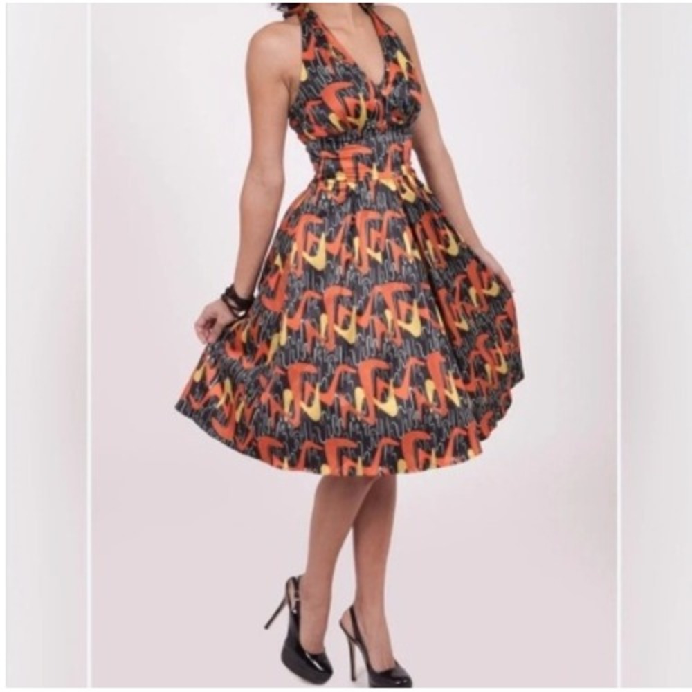 Tatyana Atomic Boomerang Halter Dress Orange Yellow Black Retro Swing Midi M